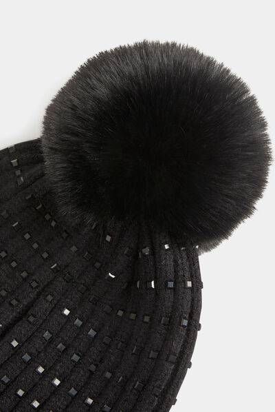 Bonnet avec strass et pompon noir femme