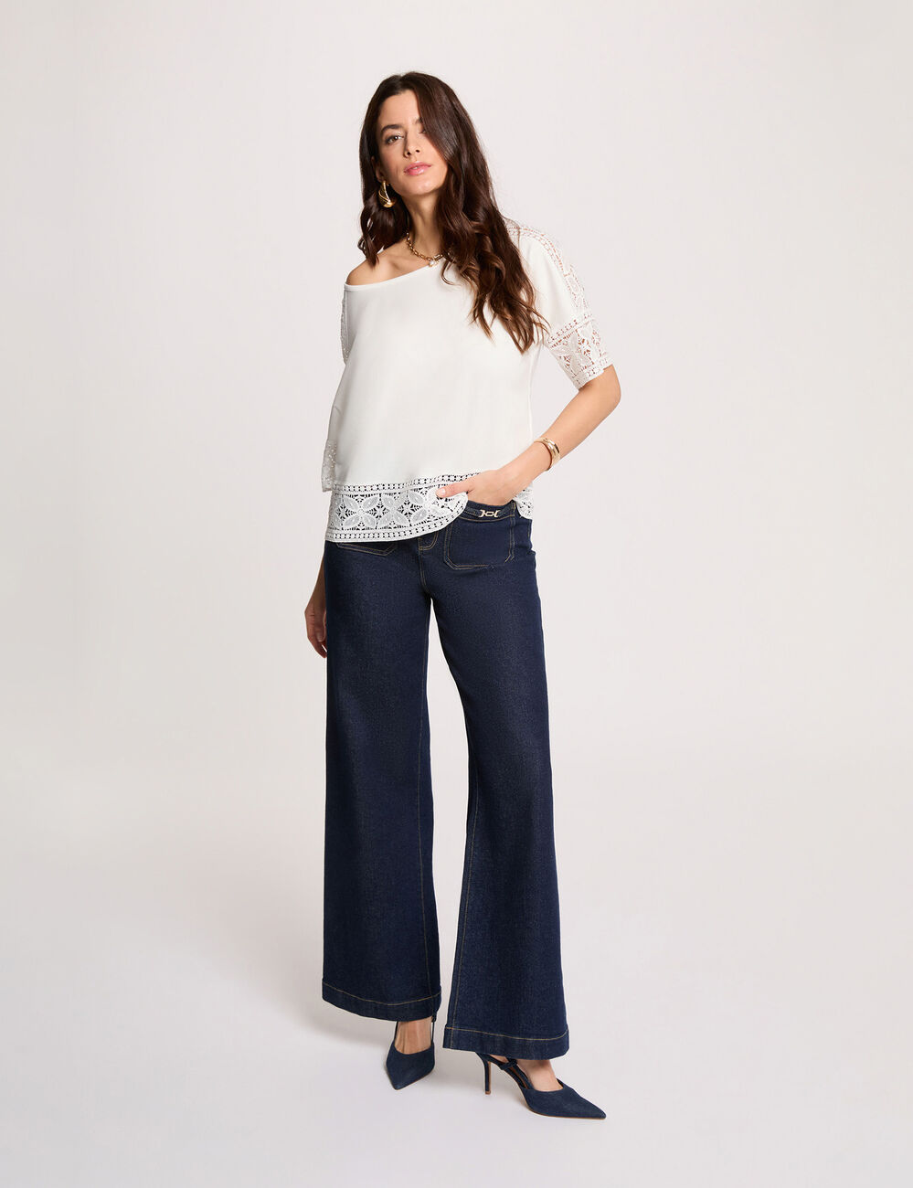 T-shirt dentelle col rond blanc femme