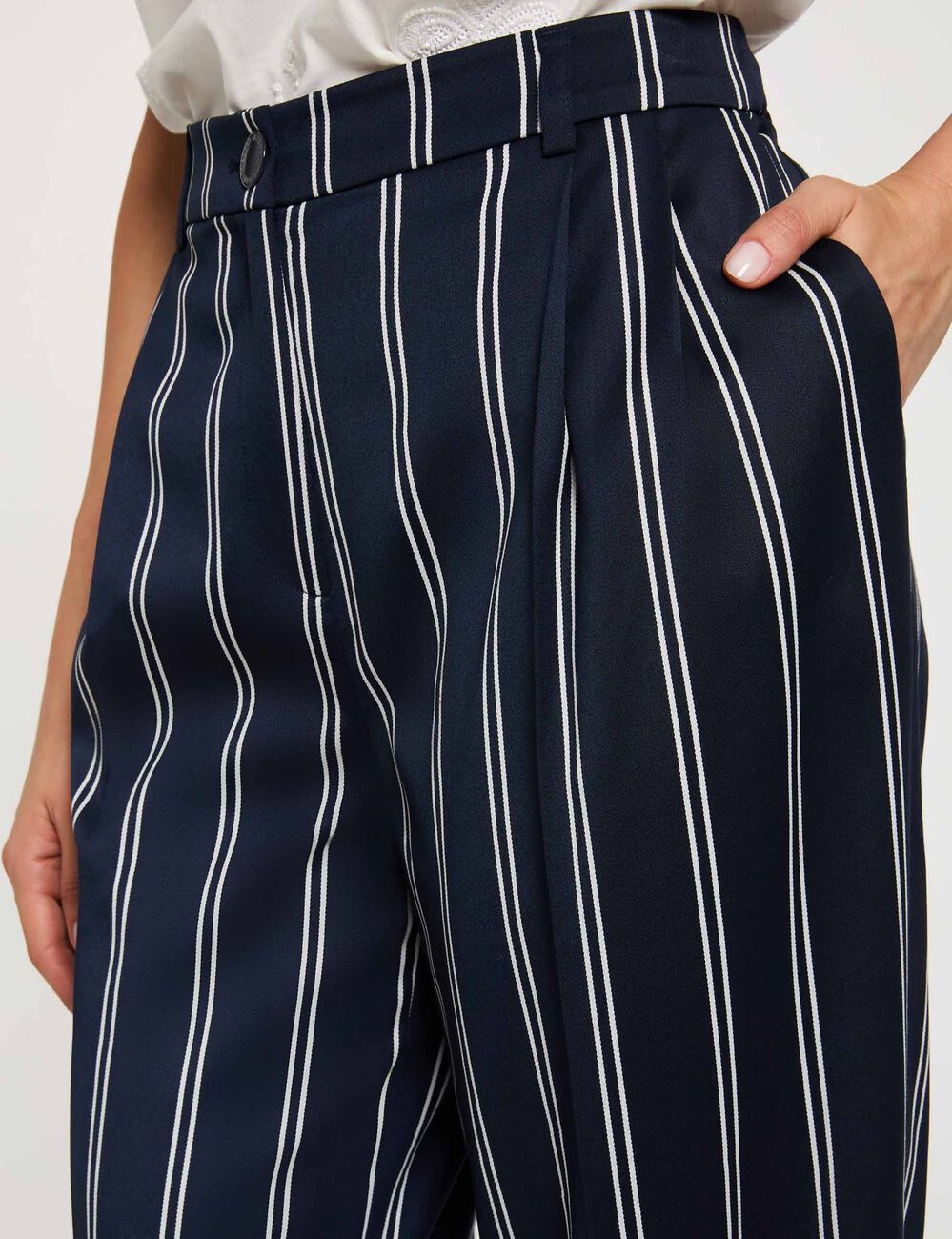 Pantalon large taille haute bleu marine femme