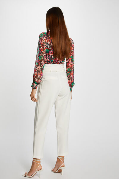 Pantalon droit taille haute ceinturé ecru femme