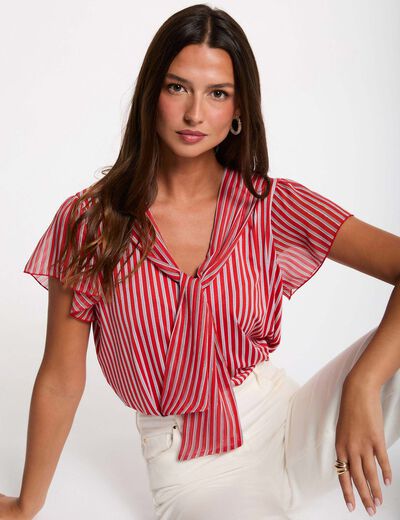 T-shirt col lavalli&egrave;re rouge femme