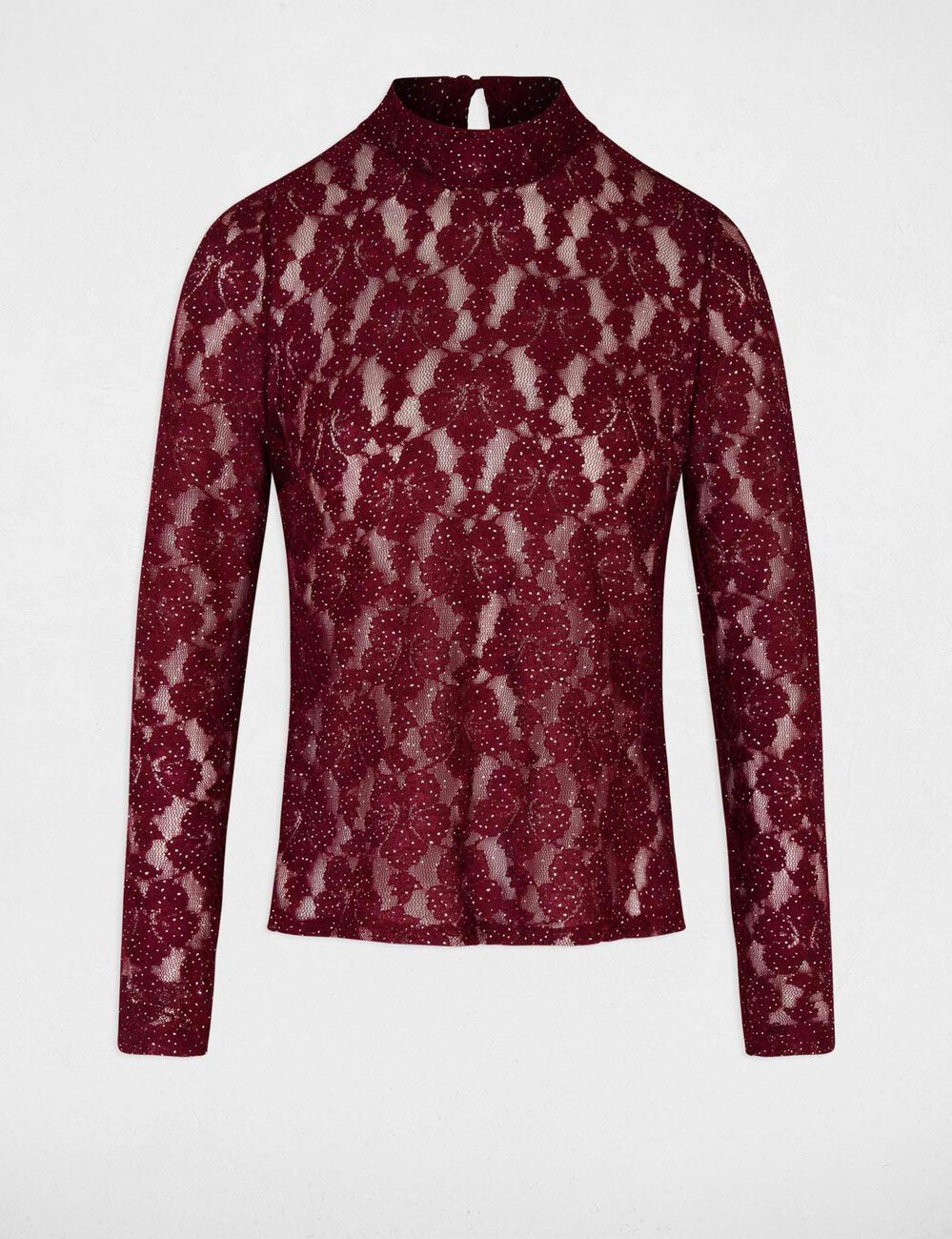 T-shirt dentelle ajour&eacute; prune femme