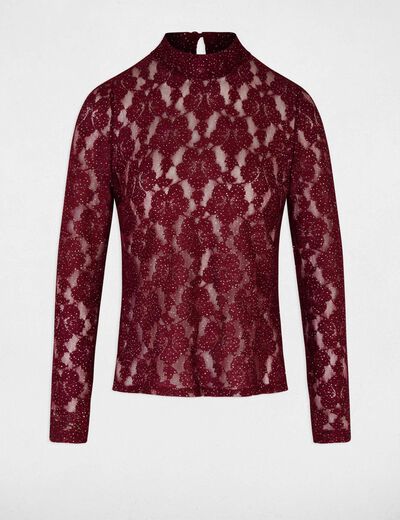 T-shirt dentelle ajour&eacute; prune femme