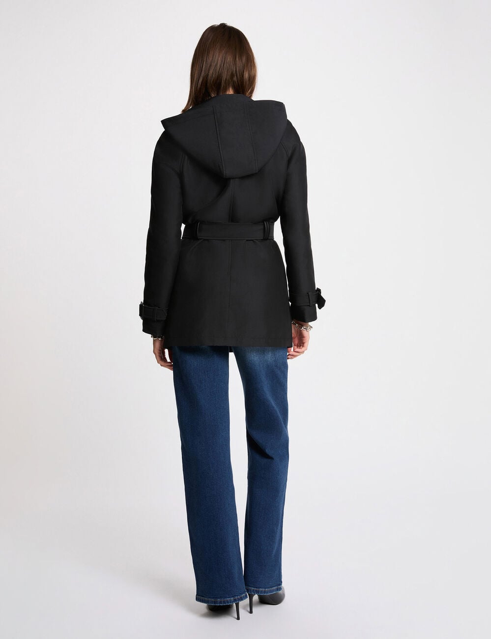 Trench mi-long &agrave; capuche noir femme