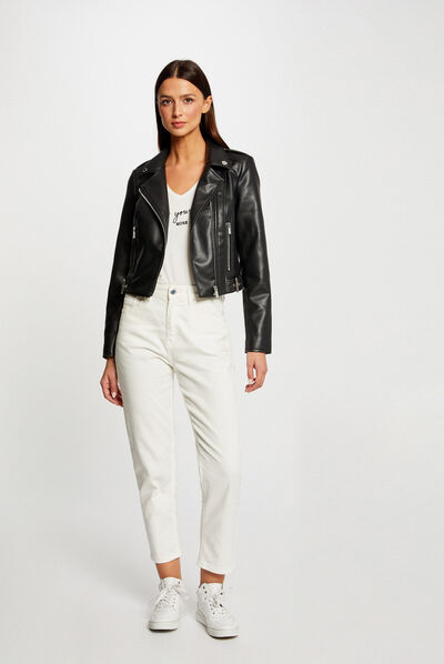 Blouson droit zippé simili cuir noir femme