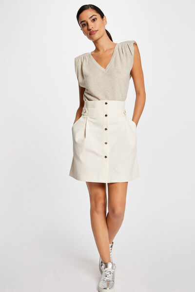 Jupe droite taille haute boutonnée ivoire femme