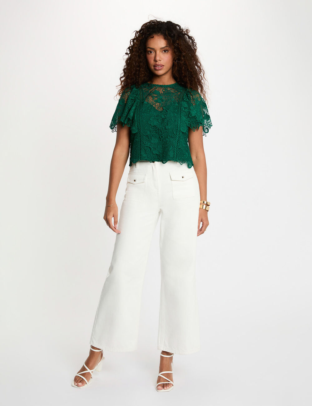 Top dentelle col rond vert femme