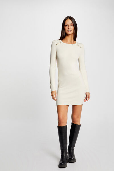 Robe pull ajustée manches longues ivoire femme