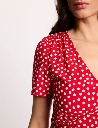 Robe mi-longue col v rouge femme