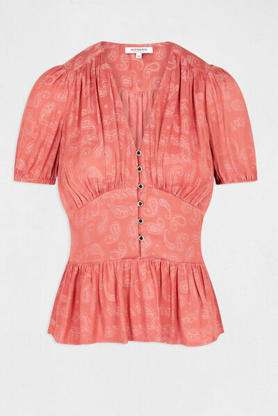 Blouse manches courtes imprimé cachemire rouille femme