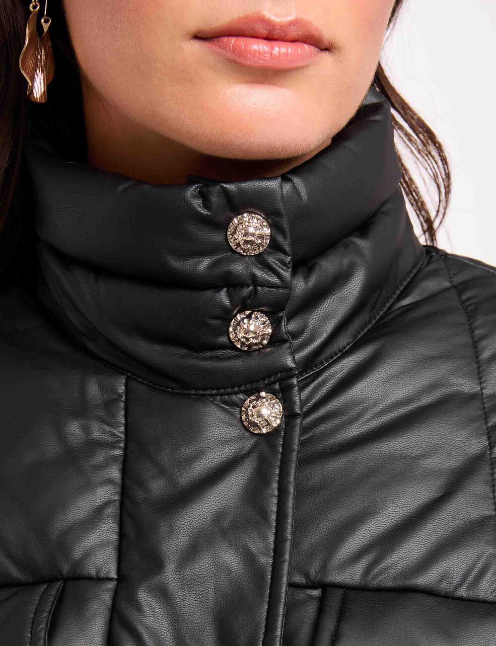 Doudoune similicuir col montant noir femme