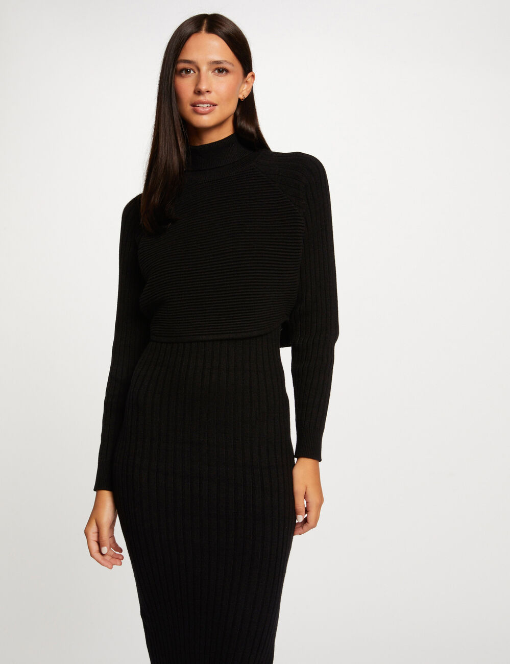 Robe pull midi ajustée effet 2-en-1 noir femme