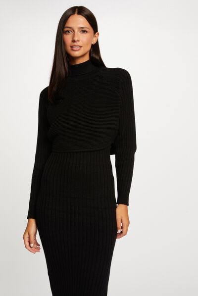 Robe pull midi ajustée effet 2-en-1 noir femme