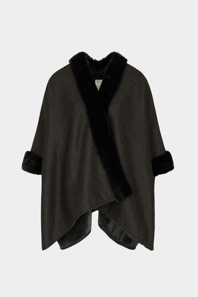 Cape avec détails imitation fourrure noir femme