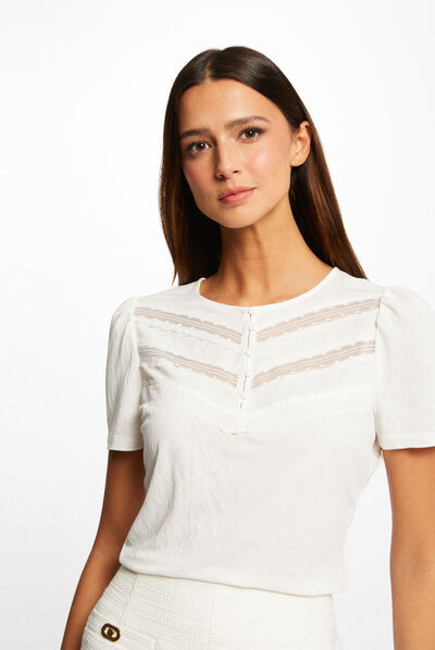 T-shirt manches courtes avec dentelle ecru femme