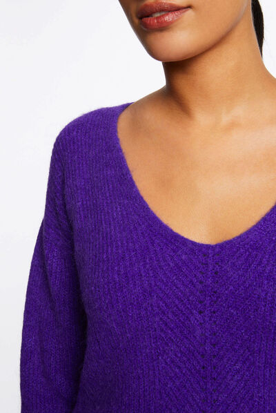 Pull manches longues avec col en V violet femme