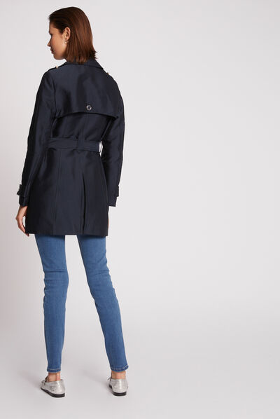 Manteau droit ceinturé boutonné marine femme