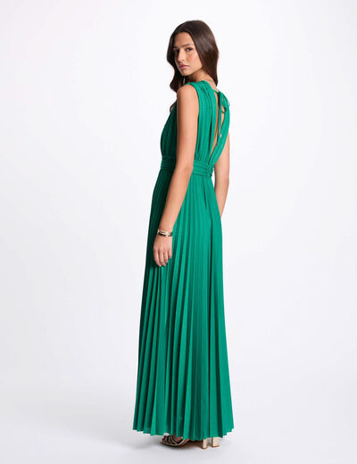 Robe longue droite plissée vert émeraude femme