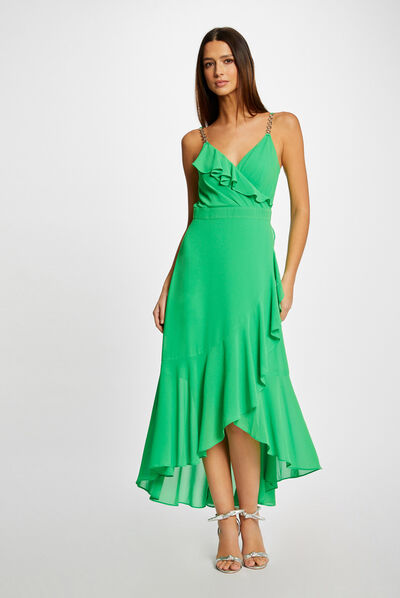 Robe longue évasée à volants vert femme