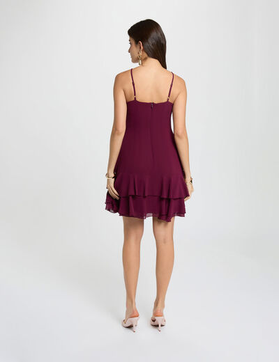 Robe courte col v prune femme