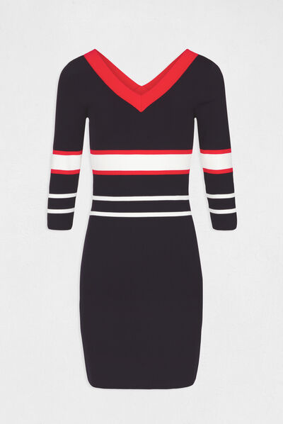 Robe ajustée bandes contrastantes col V marine femme