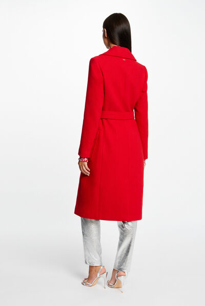 Manteau long cintré ceinturé rouge femme
