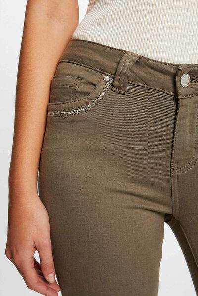 Pantalon slim avec détails bijoux vert kaki femme
