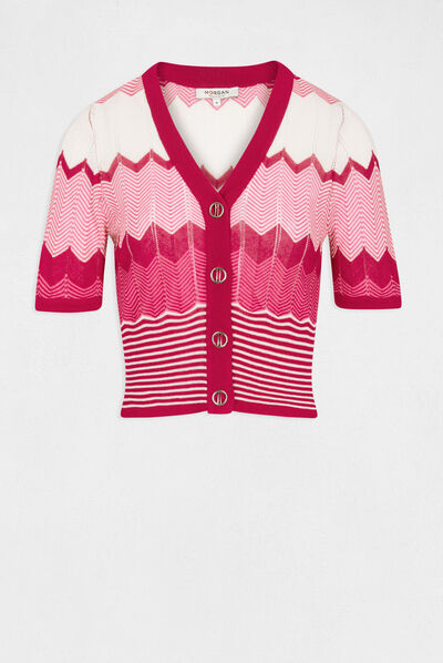 Pull manches courtes imprimé chevron rose fonce femme