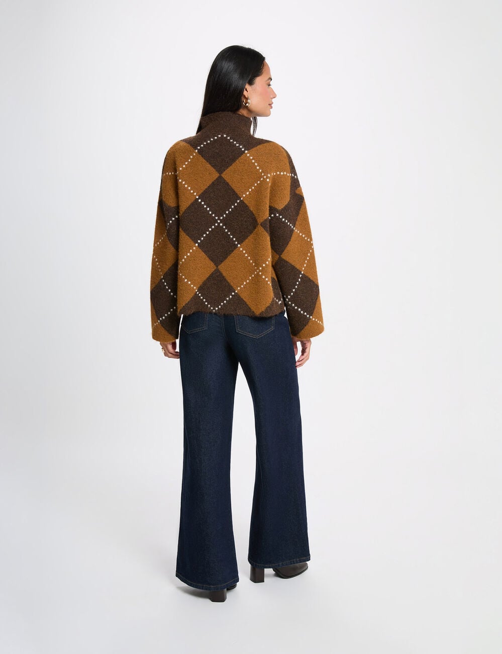 Pull col roul&eacute; marron femme