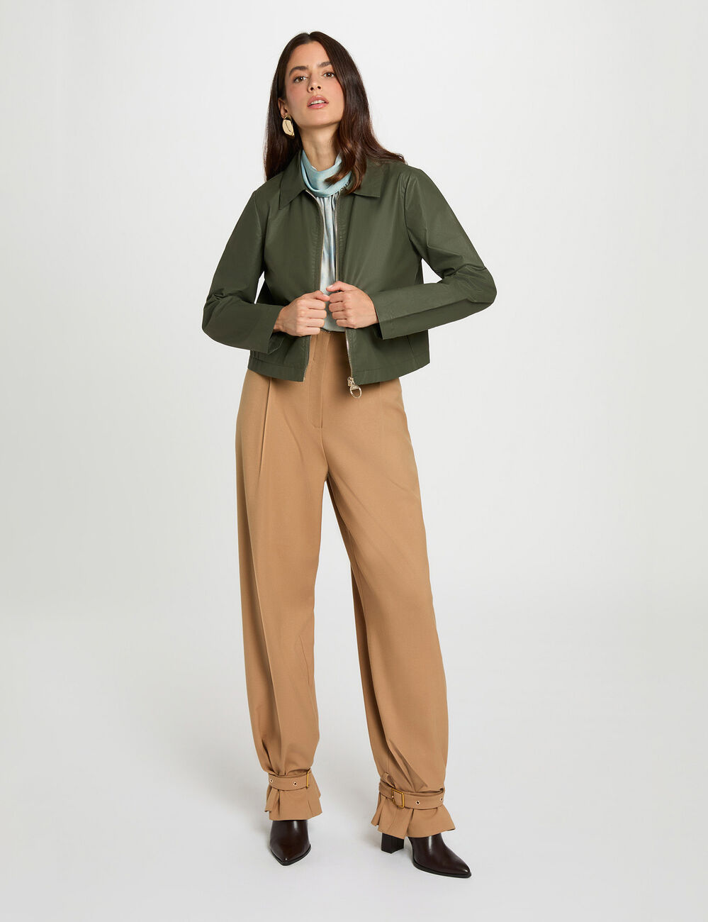 Veste courte zipp&eacute;e vert kaki femme