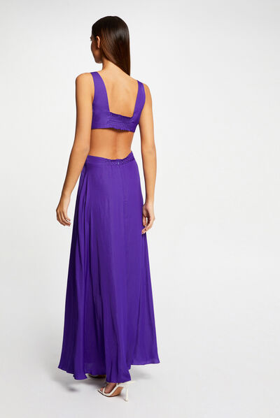Robe longue évasée avec ouvertures violet fonce femme