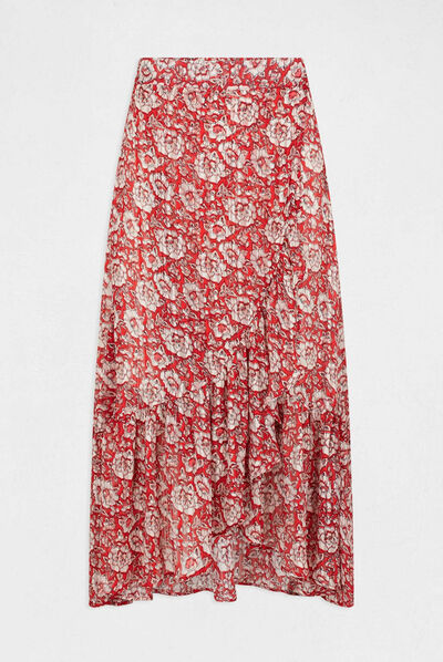 Jupe midi évasée imprimé floral rouge femme