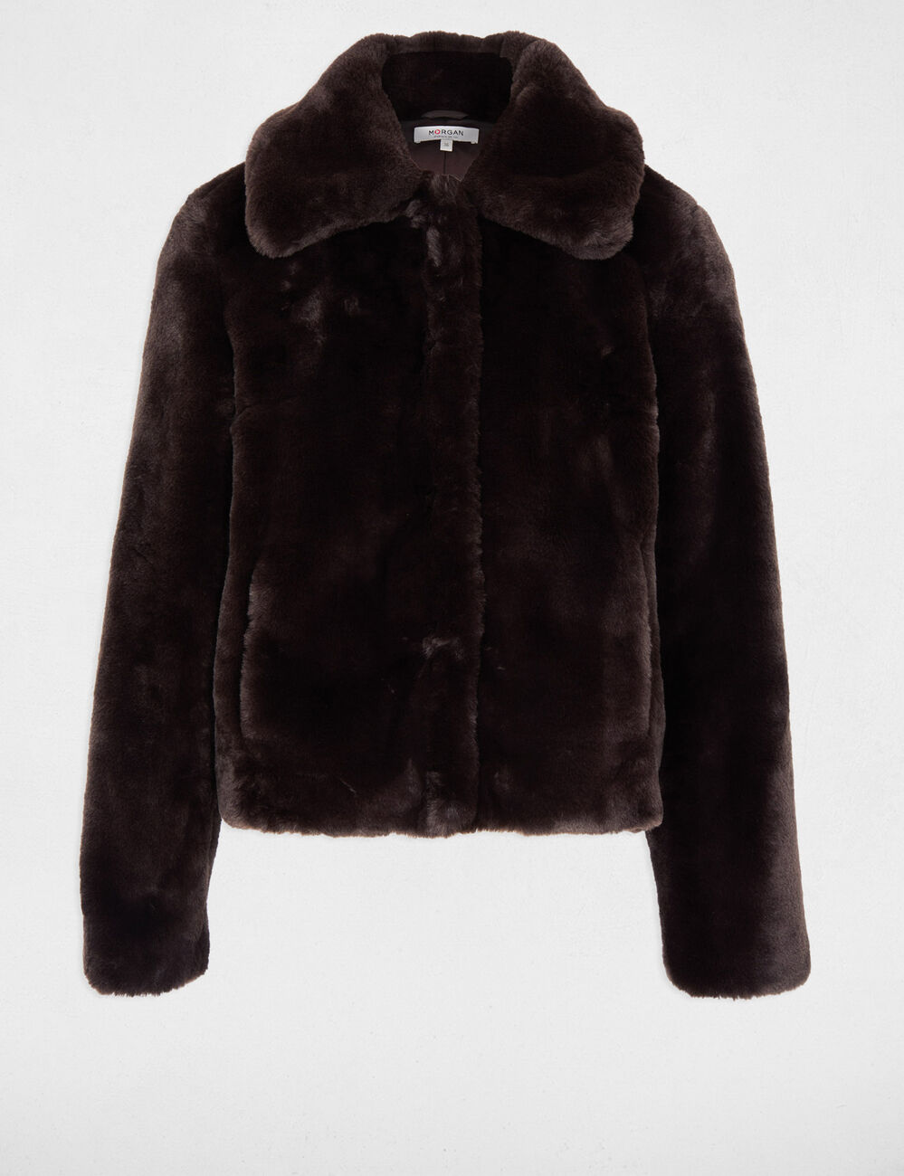 Veste courte fausse fourrure marron fonc&eacute; femme