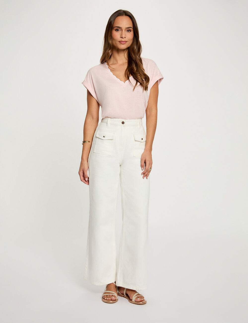 T-shirt col v manches courtes rose clair femme