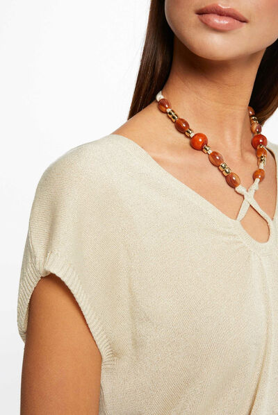 Pull manches courtes avec perles beige femme