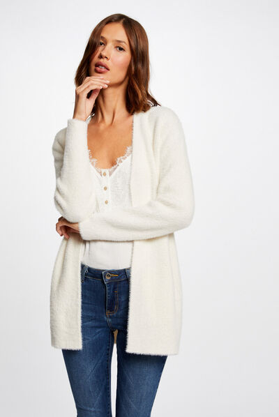 Gilet long maille duveteuse ivoire femme