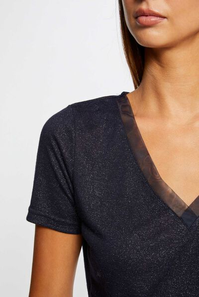 T-shirt manches courtes à paillettes marine femme