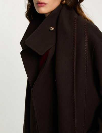 Manteau long col montant marron fonc&eacute; femme