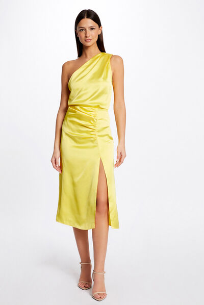 Jupe droite satin fendue jaune moyen femme