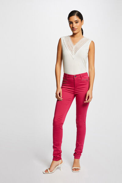 Pantalon slim effet stretch rose fonce femme