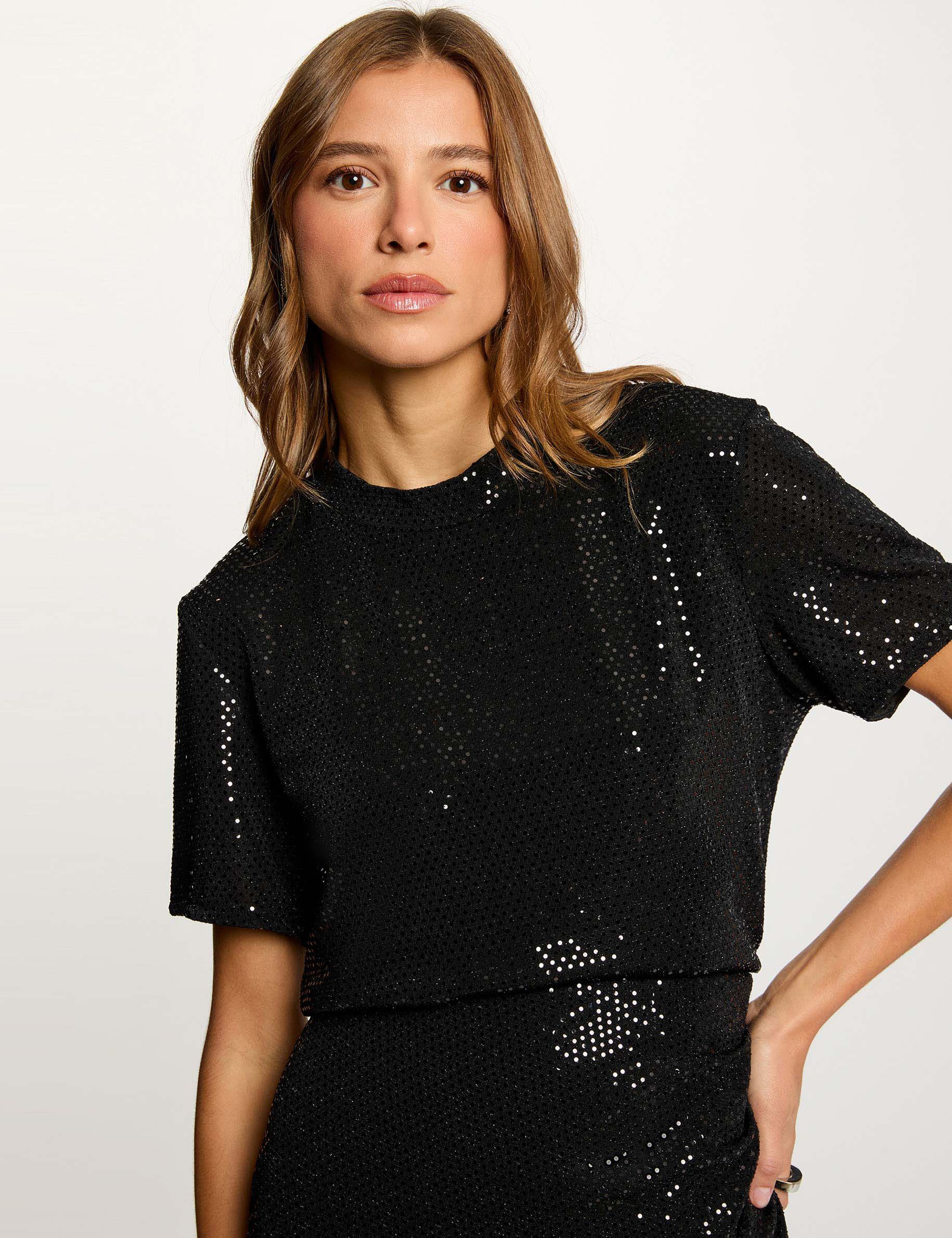 T shirt sequins col montant femme
