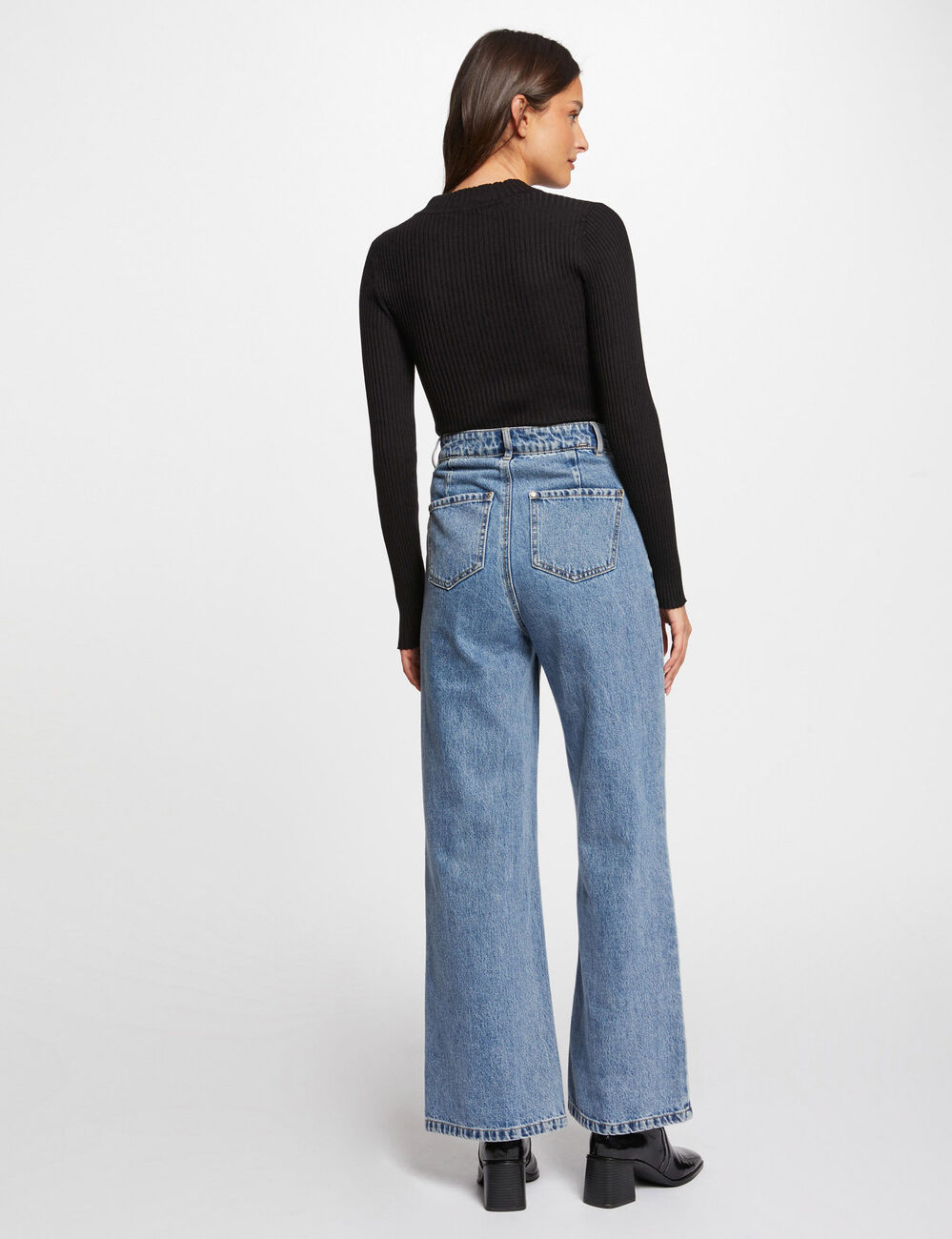 Pull col montant côtelé noir femme