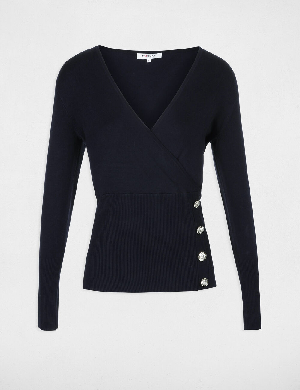 Pull manches longues &agrave; col effet crois&eacute; bleu marine femme