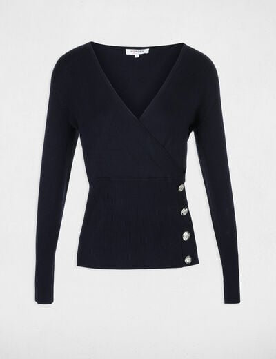 Pull manches longues &agrave; col effet crois&eacute; bleu marine femme