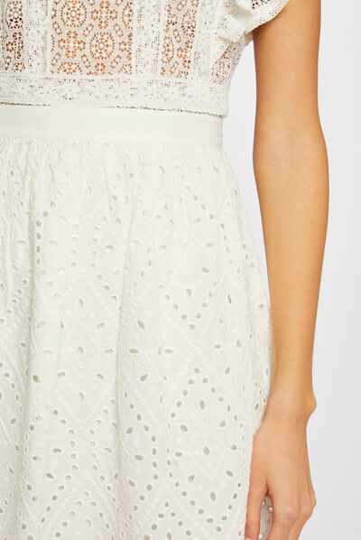 Jupe droite en broderie anglaise ecru femme