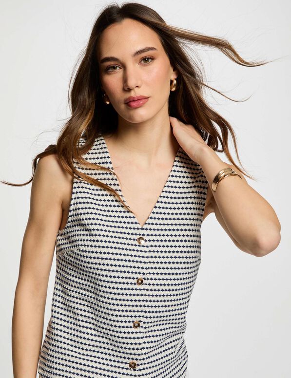 veston sans manches imprime bleu marine femme Veston sans manches imprimé bleu marine femme