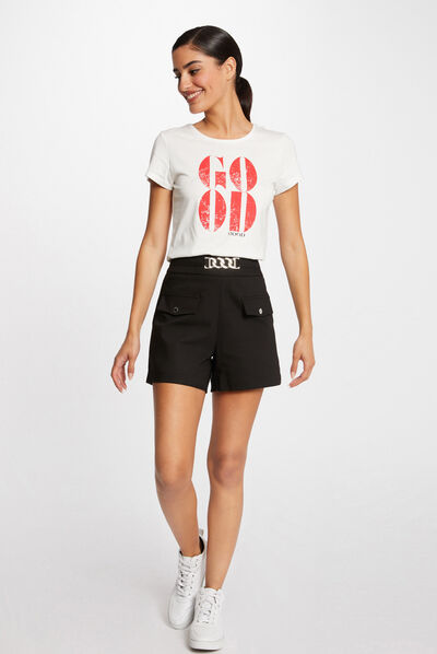Short droit taille haute avec ornement noir femme