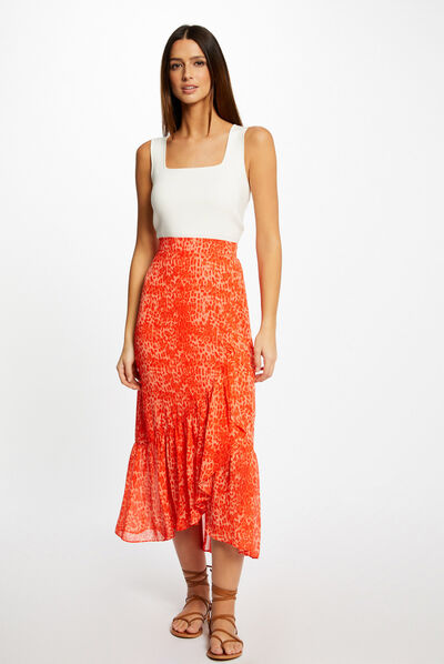 Jupe longue portefeuille imprimé léopard orange femme
