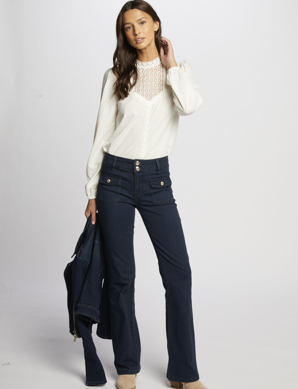 T-shirt manches longues avec dentelle ecru femme