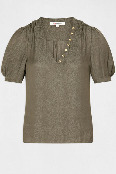 Blouse manches courtes imprimée vert kaki femme